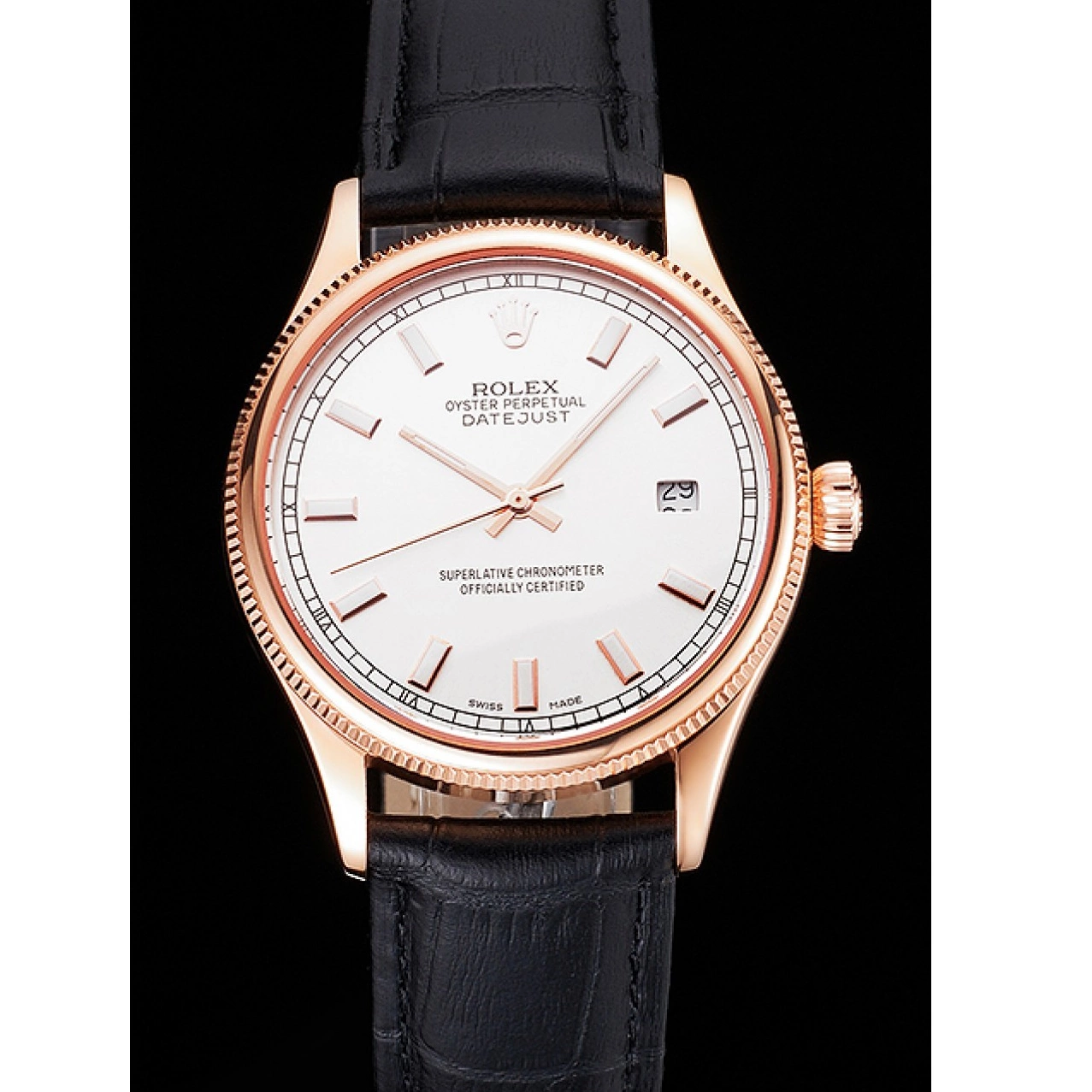 Best AAA Replica Sites White Rose Rolex Dial Leather Case Black Strap Datejust Gold Swiss 0520